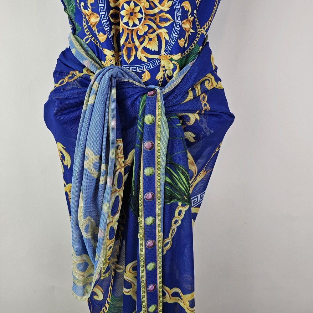 Ladies Blue Gold Swimsuit and Cover Up Sarong Tropical XL One Piece Bathing Suit - Picture 7 of 9